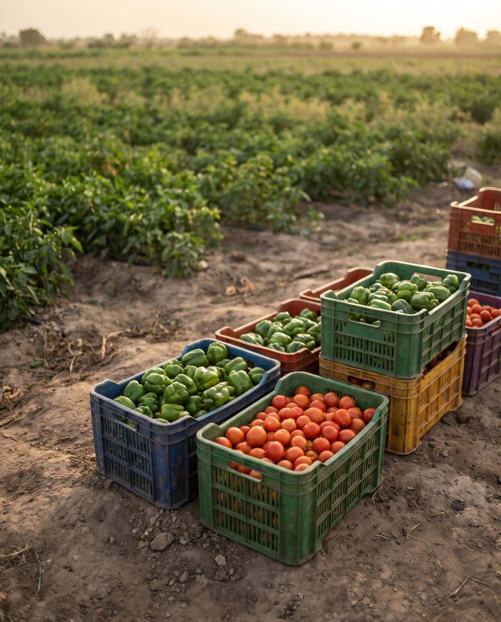Caisses de poivrons verts et de tomates entiers, au bord d'un champ