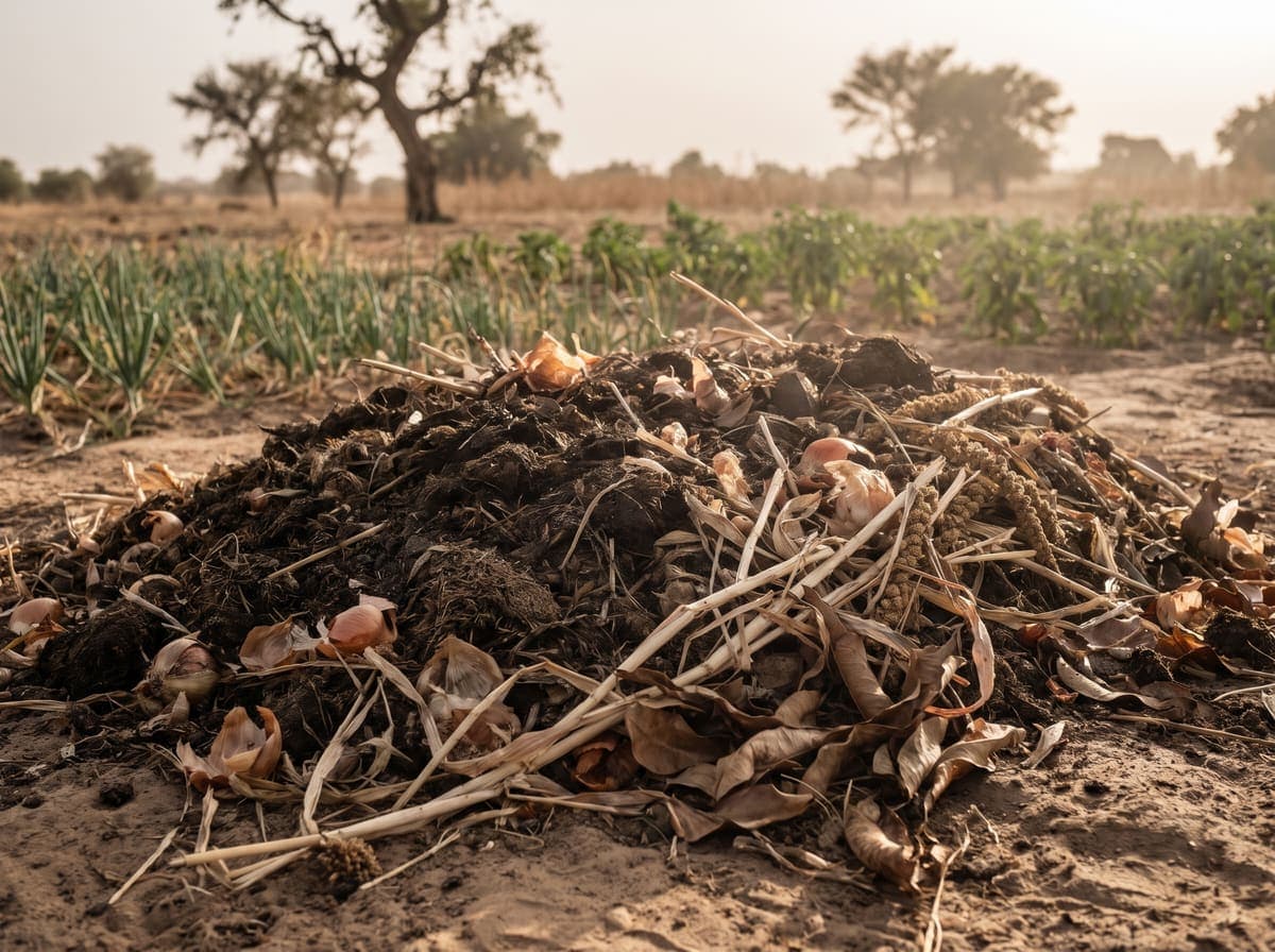 Tas de compost mêlé de tiges de mil et de pelures d'oignon, au bord d'un champ