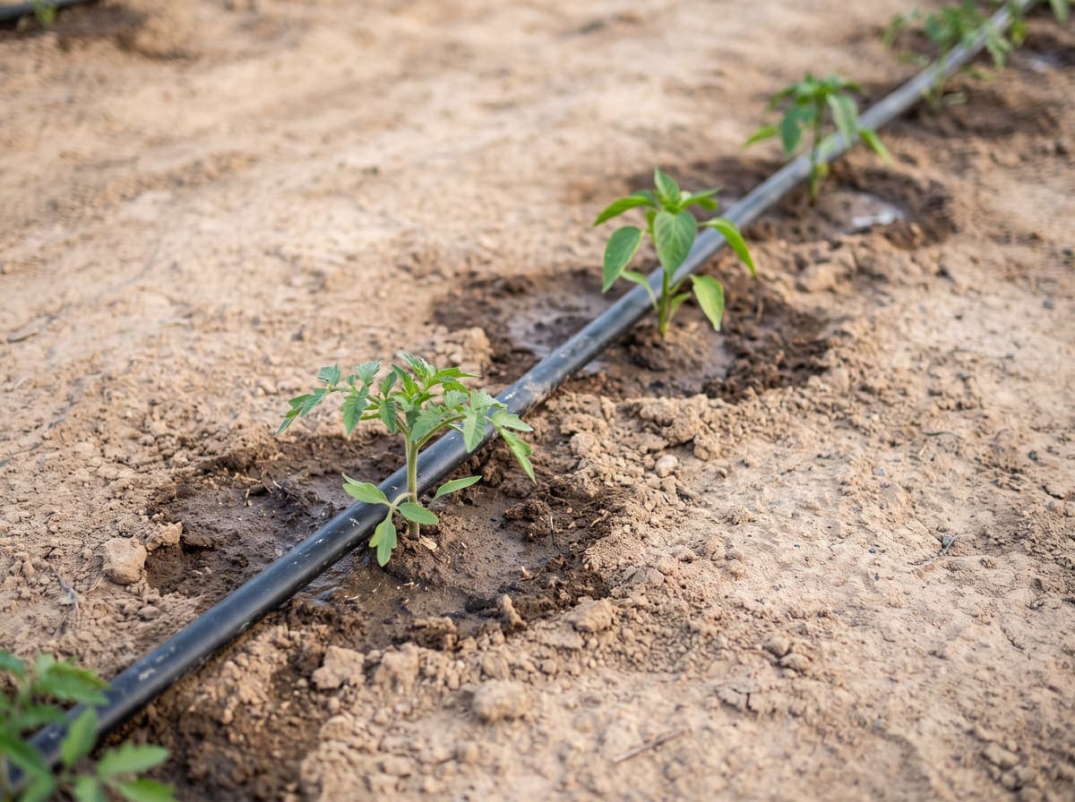 Jeunes plants le long d'un tuyau d'irrigation goutte-à-goutte, la terre humide à leur pied