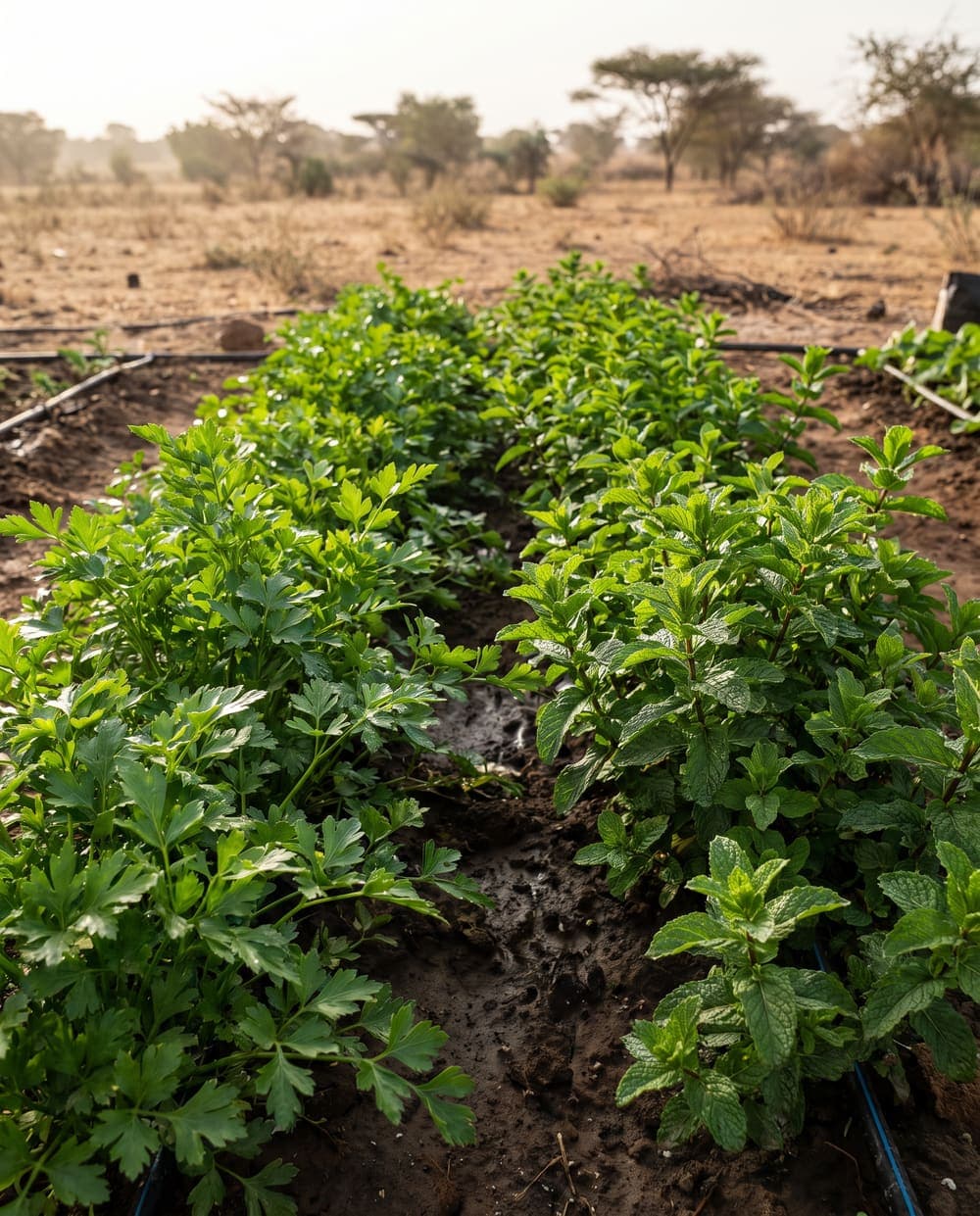 Rangs de persil et de menthe dans une parcelle irriguée
