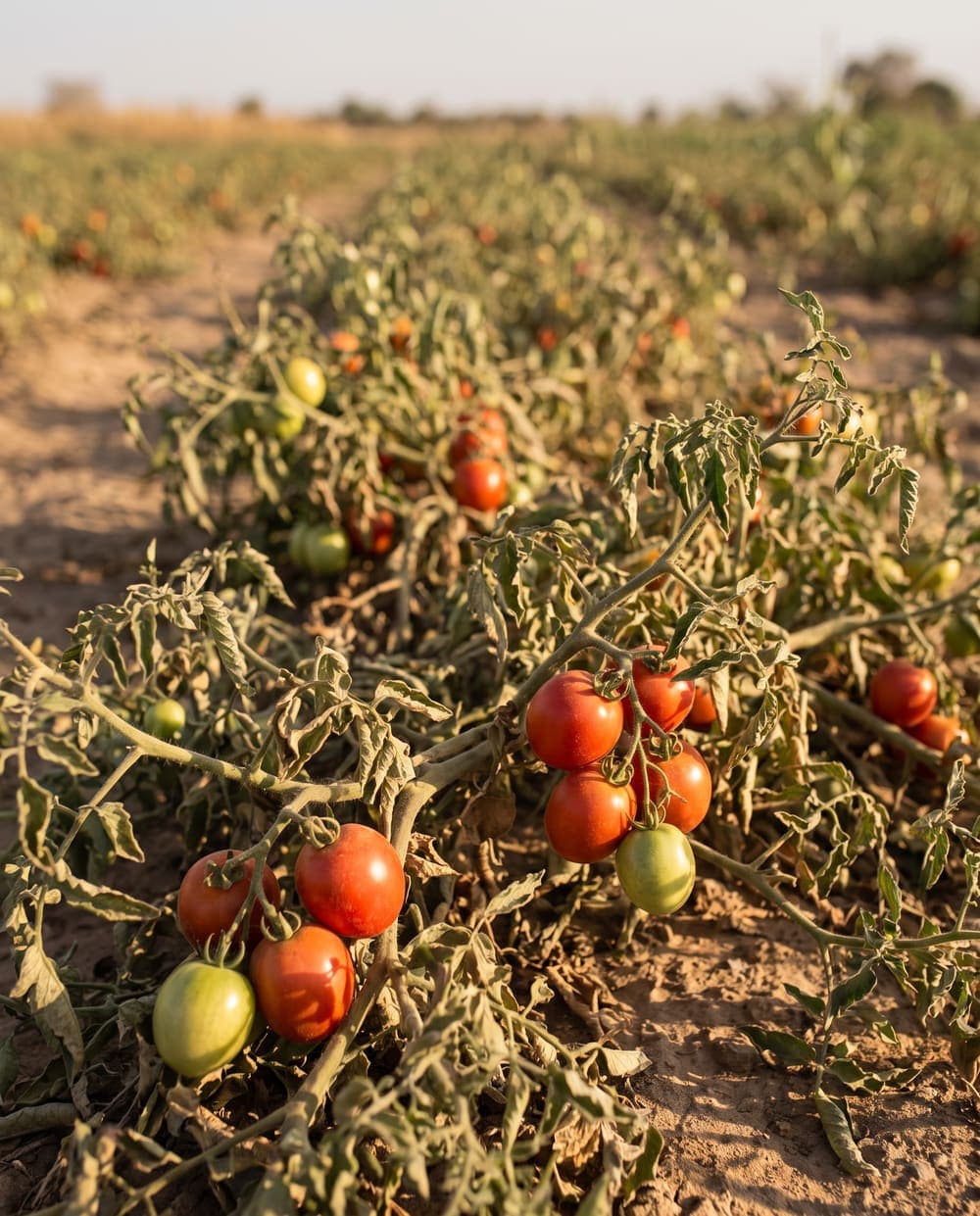 Tomates entières, rouges et vertes, encore sur leurs plants